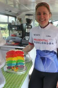 Baking giant rainbow cakes and selling them at my local cafe The Bike Bus to raise money for Bliss